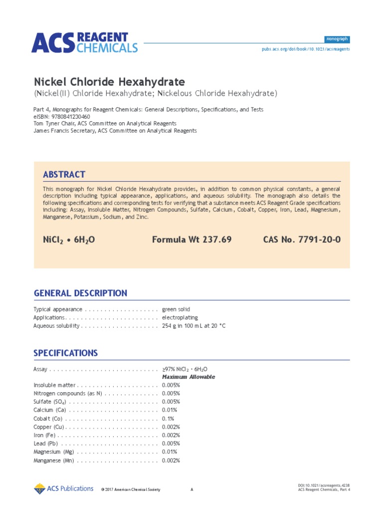 Nickel Chloride Hexahydrate Acs Reagent Chemicals PDF Magnesium