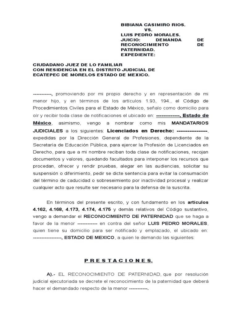 Demanda de Reconocimiento de Paternidad | PDF | Manutención de los hijos |  Demanda judicial