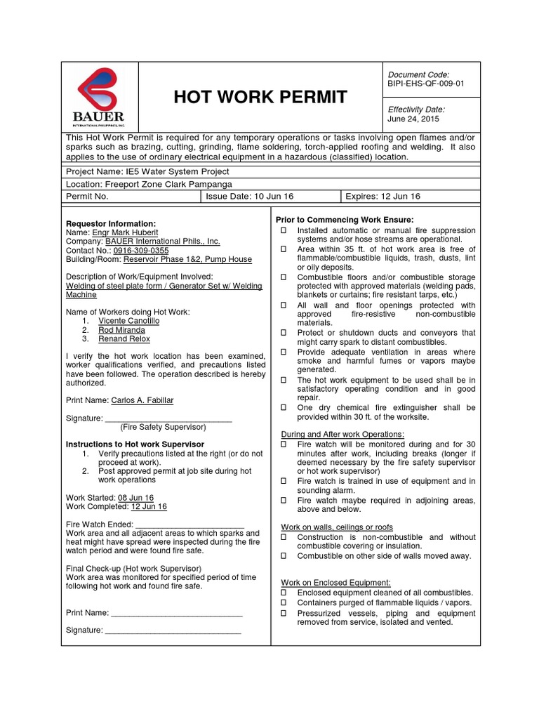 Hot Work Permit Sample Fires Fire Safety