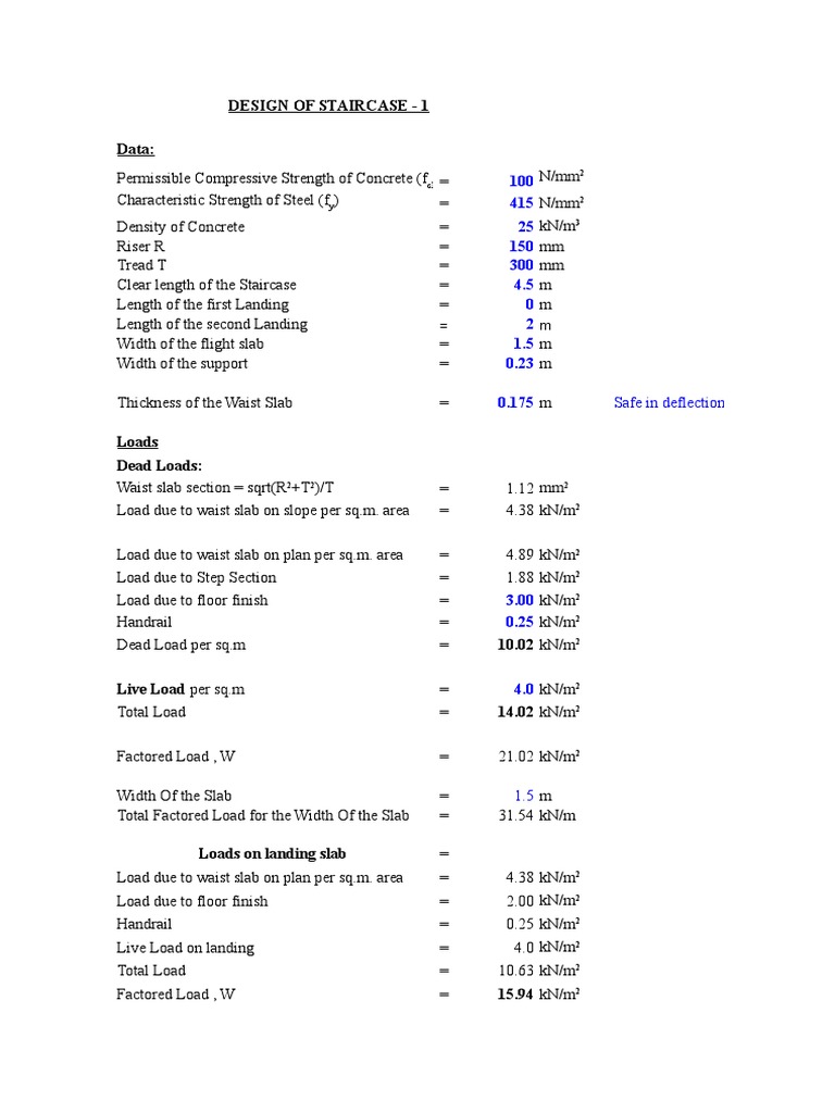 Design of Staircase - 1 Data:: Safe in Deflection | PDF | Stairs | Beam ...