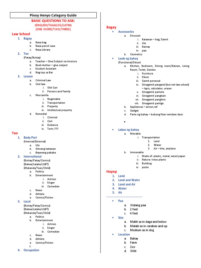 Pinoy Henyo Categories Pdf Food And Drink