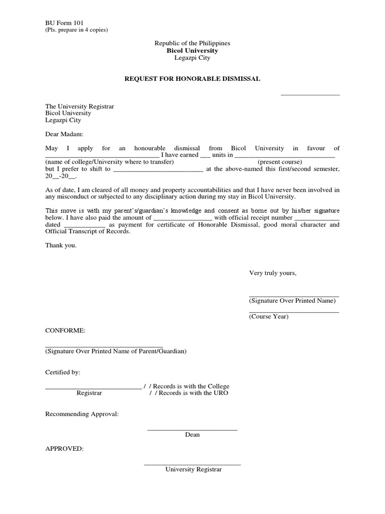 Bicol University: Request For Honorable Dismissal | PDF