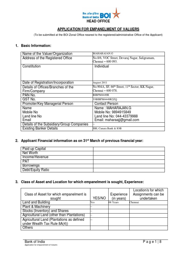 Bank of India Valuer Empanelment Form | PDF | Real Estate Appraisal ...