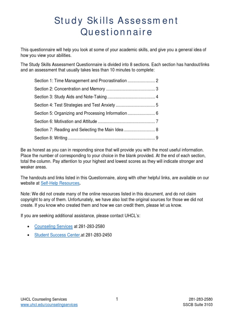 Study Skills Assessment Questionnaire | PDF | Study Skills | Test ...