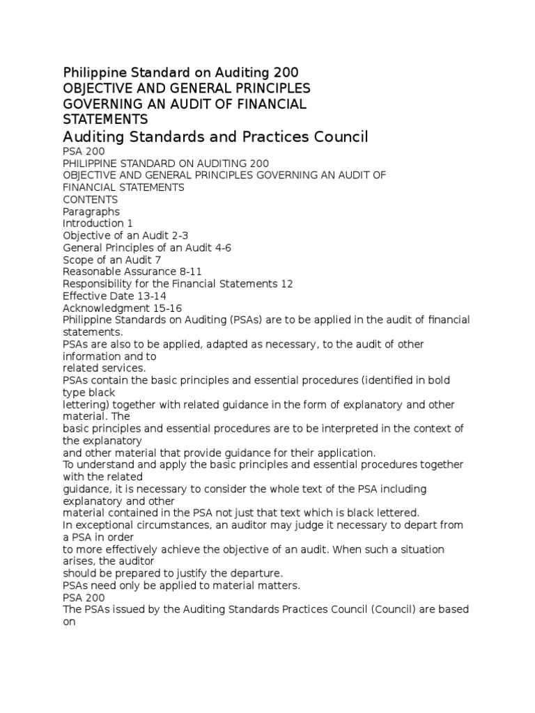 Philippine Standard on Auditing 200 Audit Financial Audit