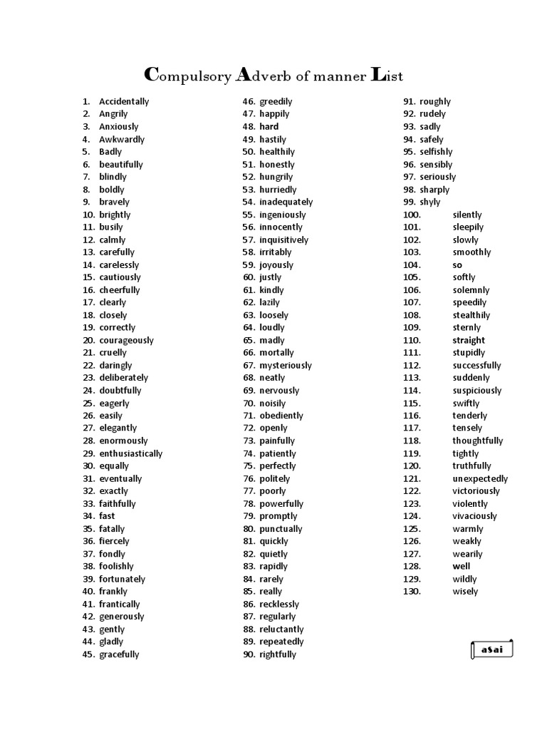 Compulsory Adverb of Manner List | PDF