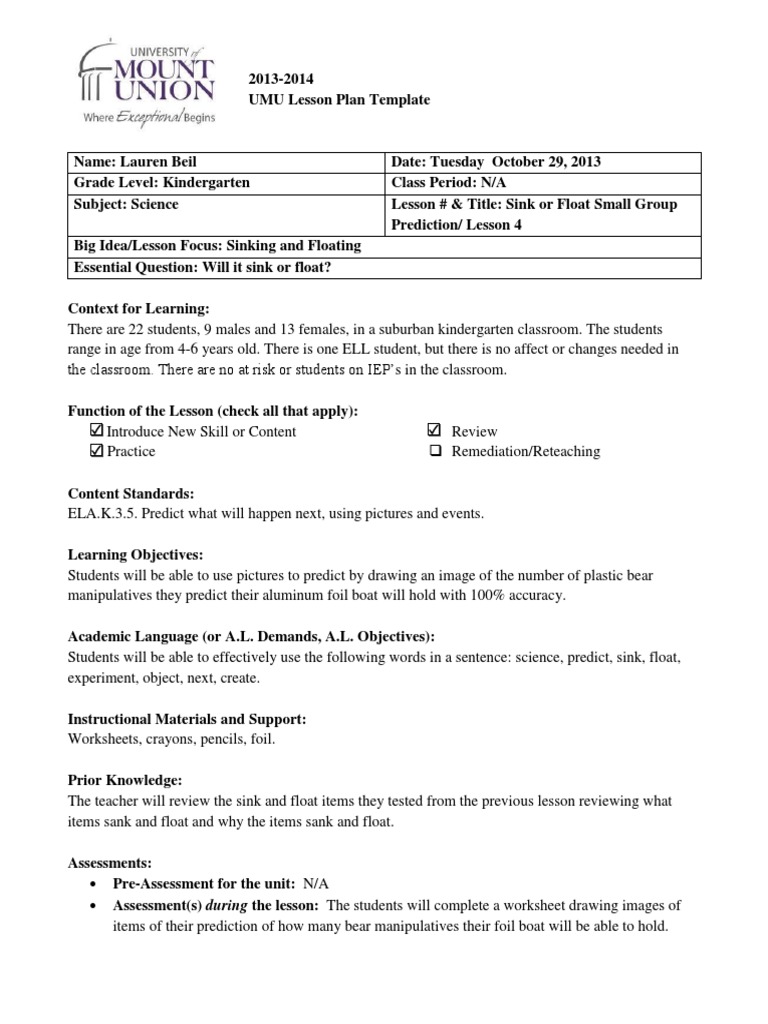 K Sink or Float Lesson 25 PDF  PDF  Educational Assessment Intended For Sink Or Float Worksheet