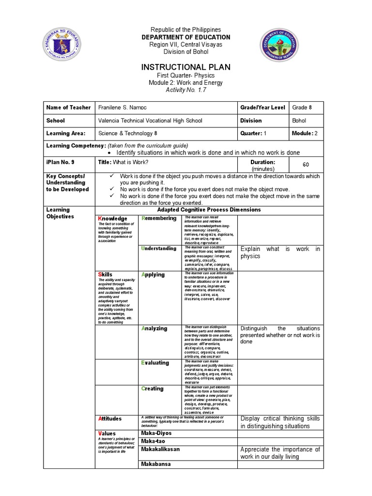Physics Work and Energy Lesson Plan | PDF | Force | Critical Thinking