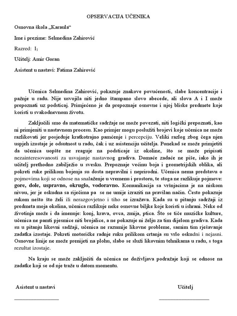 Opservacija Učenika - Selmedina Zahirović | PDF
