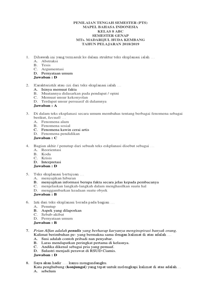 Soal Pts B Indo Kelas 8 Smt Genap 2019