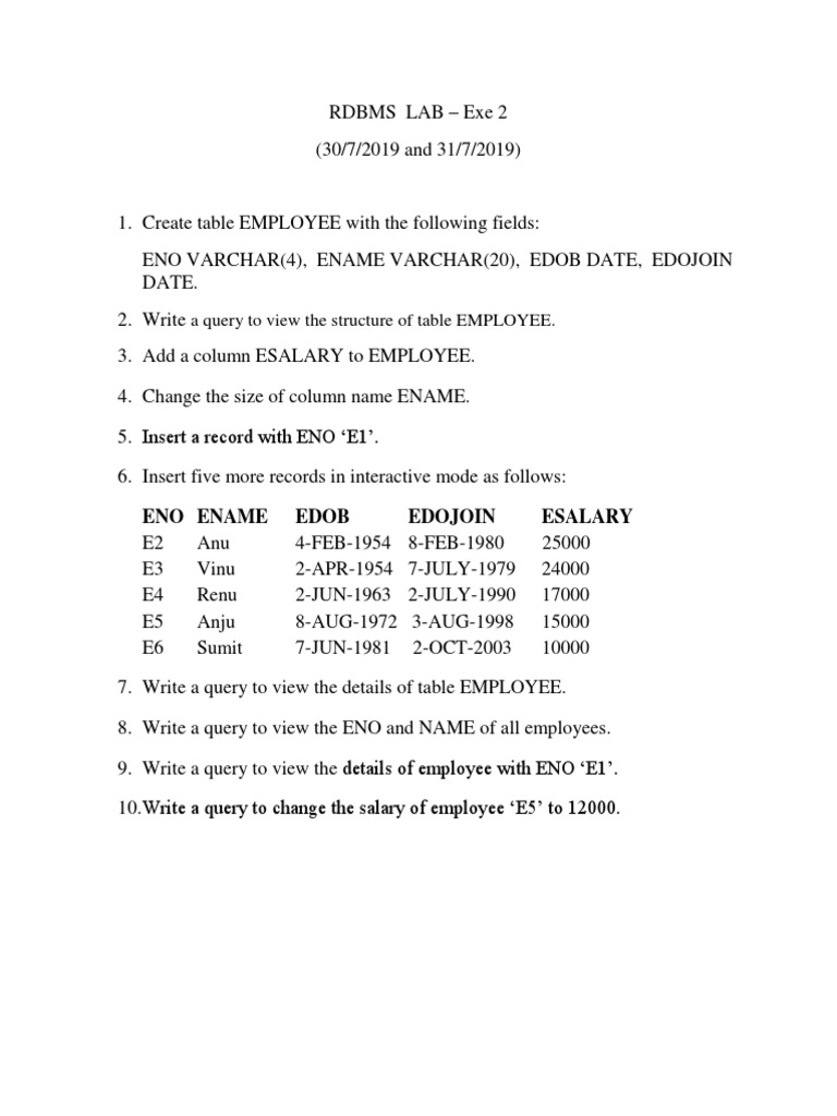 RDBMS Employee Table Operations Guide | PDF