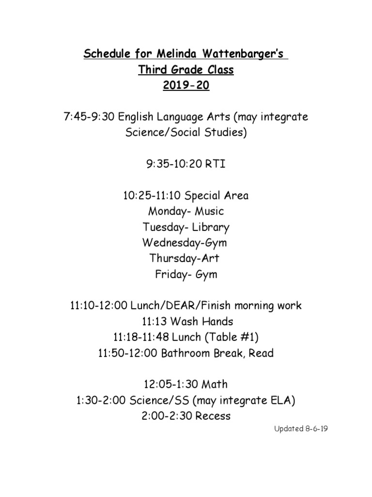 Melinda Wattenbarger’s 3rd Grade Schedule | PDF