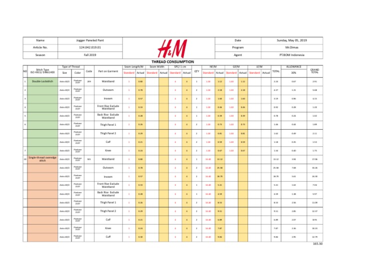 Thread Consumption H&M Jogger Pant Fall 02 PDF Seam (Sewing) Sewing