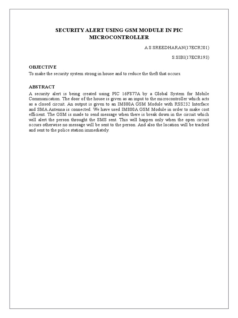Security Alert Using GSM Module in Pic Microcontroller Objective PDF
