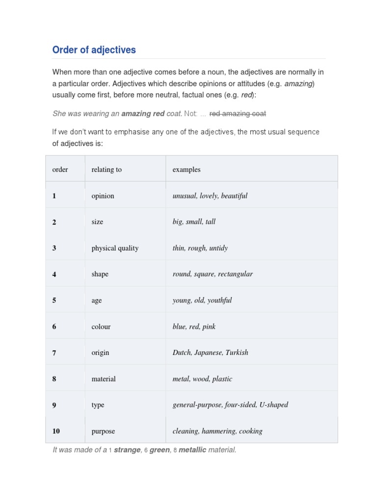 Order of Adjectives She Was Wearing An Amazing Red Coat PDF