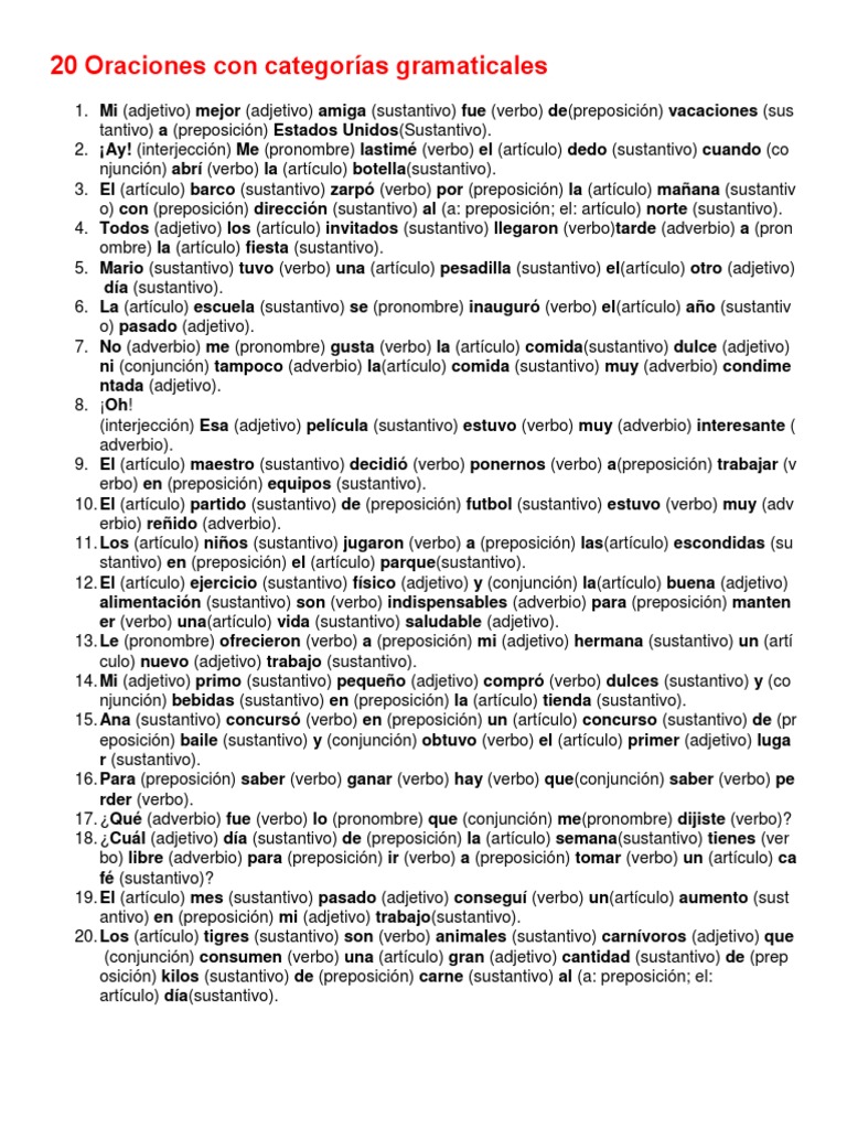 20 Oraciones Con Categorías Gramaticales | Sustantivo | Adjetivo
