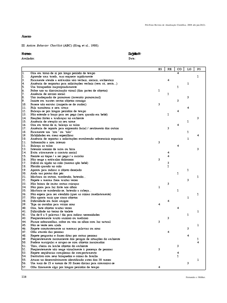 Checklist de Comportamento do Autismo | PDF