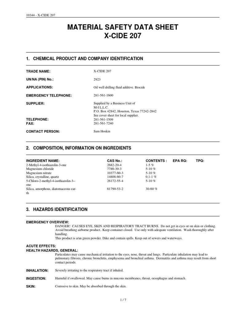 Material Safety Data Sheet X-CIDE 207: 1. Chemical Product and Company ...