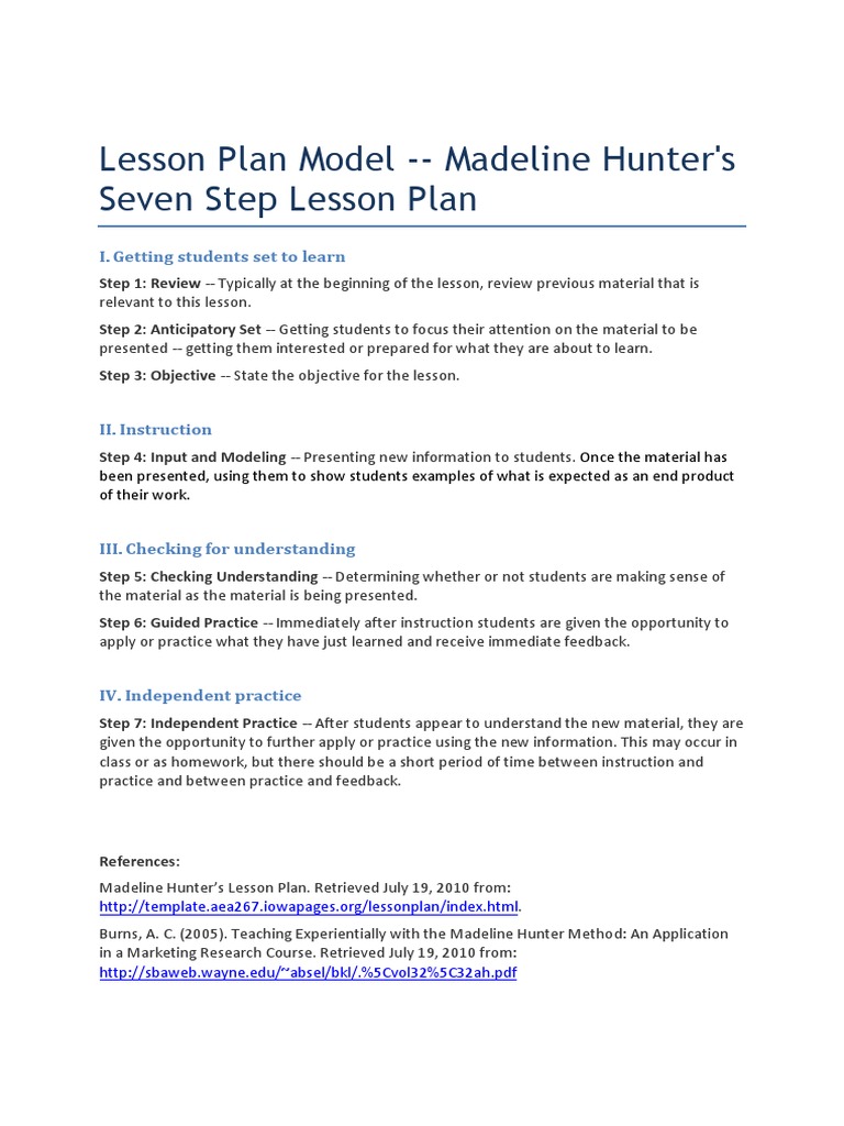 Madeline Hunter's 7 Step Lesson Plan | PDF