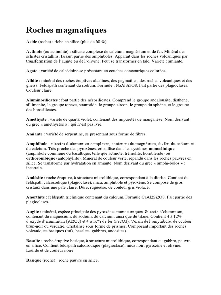 Types et caractéristiques des roches magmatiques | PDF | Granit | Roche ...