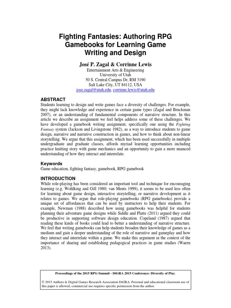 Fighting Fantasies: Authoring RPG Gamebooks For Learning Game Writing ...