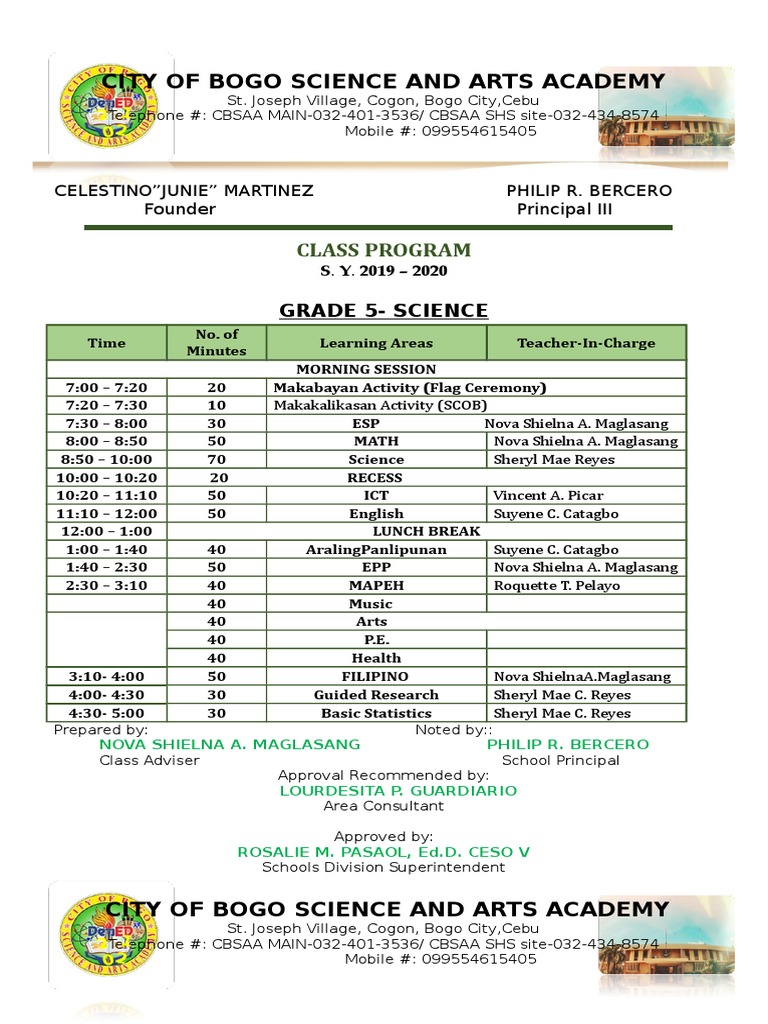 Grade 5 Science Class Program 2019-2020 | PDF | Learning