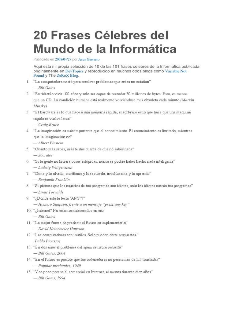 20 Frases Célebres Del Mundo de La Informática | PDF | Informática ...