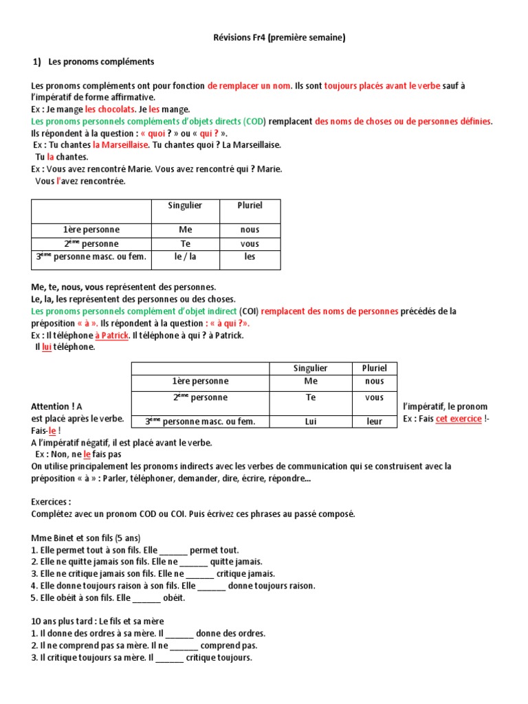 Remplacer Le Cod Par Un Pronom Personnel Exercices Pdf Révisions Fr4 Première Semaine - 2 | PDF | Pronom | Sujet (Grammaire)