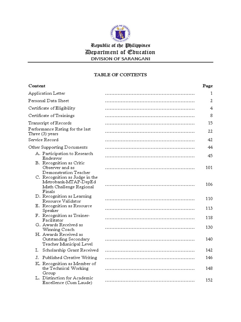Table of Contents forma Pertinent Paper