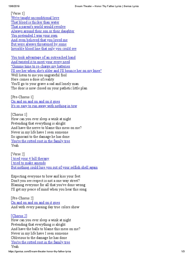 Dream Theater Honor Thy Father Lyrics Genius Lyrics Pdf Song Structure