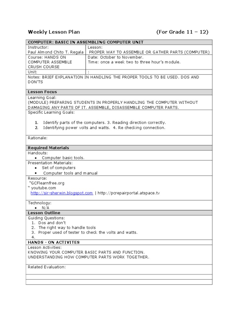 Weekly Lesson Plan (For Grade 11 - 12) | PDF | Career & Growth