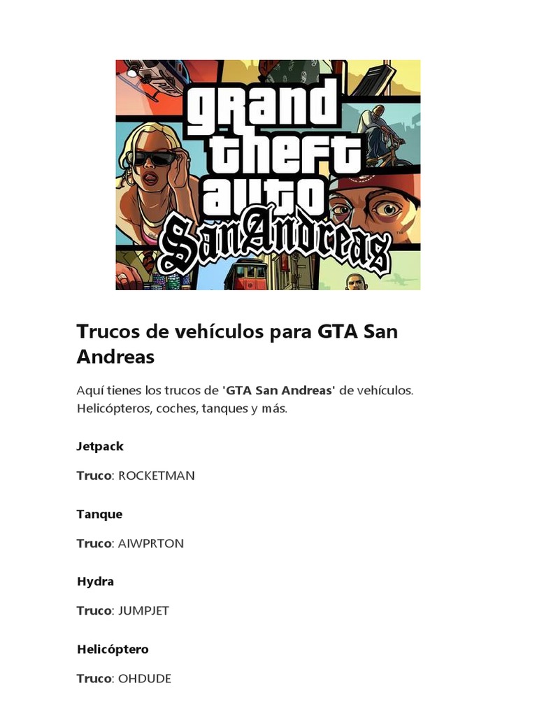 Donde Comprar Coches En Gta San Andreas Trucos de Vehículos para GTA San Andreas | PDF | Ocio | Deportes