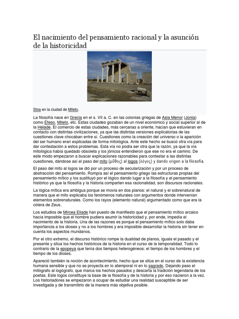 El Nacimiento Del Pensamiento Racional y La Asunción de La Historicidad ...