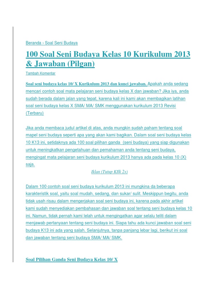 Kunci Jawaban Seni Budaya Kelas 10 Kurikulum 2013 Python