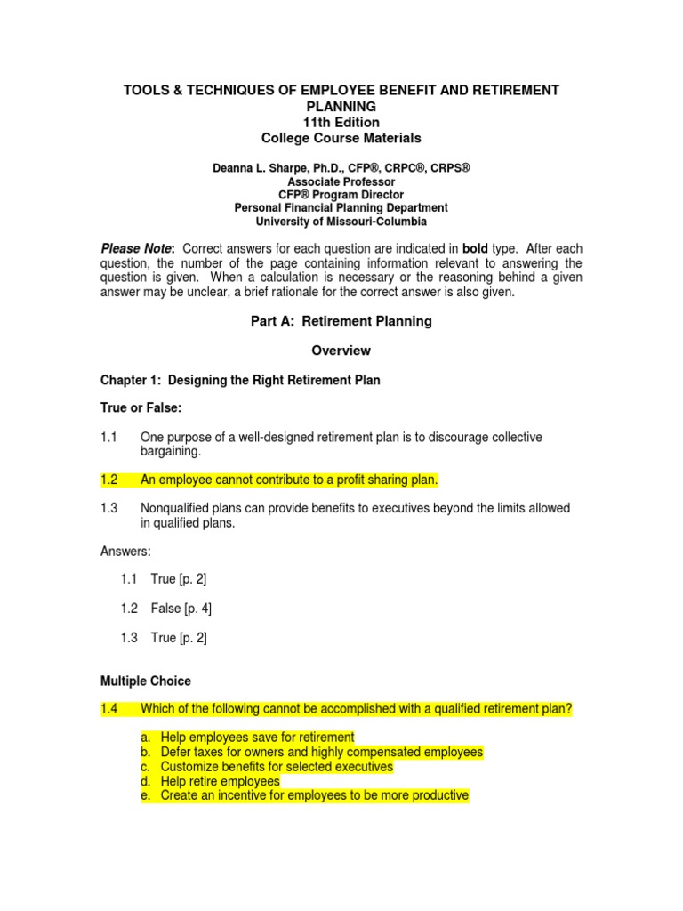 Chpts 16 Employee Benefits Quiz PDF Individual Retirement Account