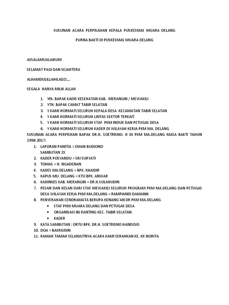 Susunan Acara Perpisahan Kepala Puskesmas Muara Delang