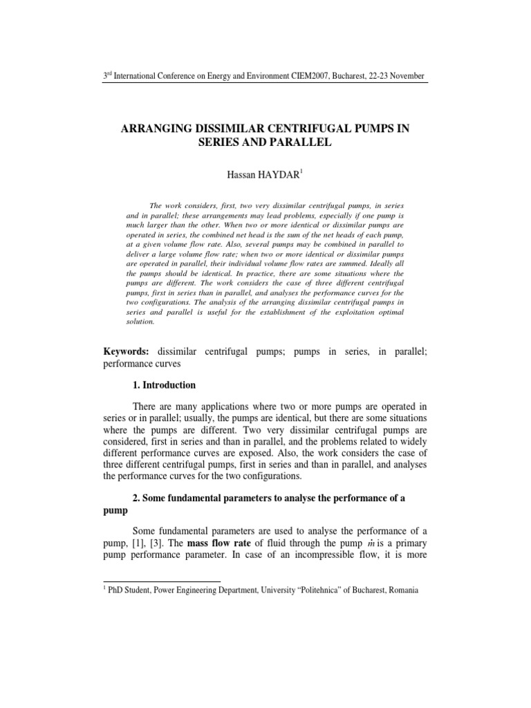 Arranging Dissimilar Centrifugal Pumps in Series and Parallel PDF