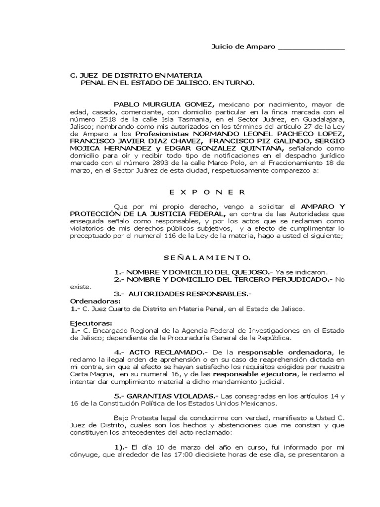 Amparo contra orden de aprehensión en Jalisco | PDF | Violación | Queja