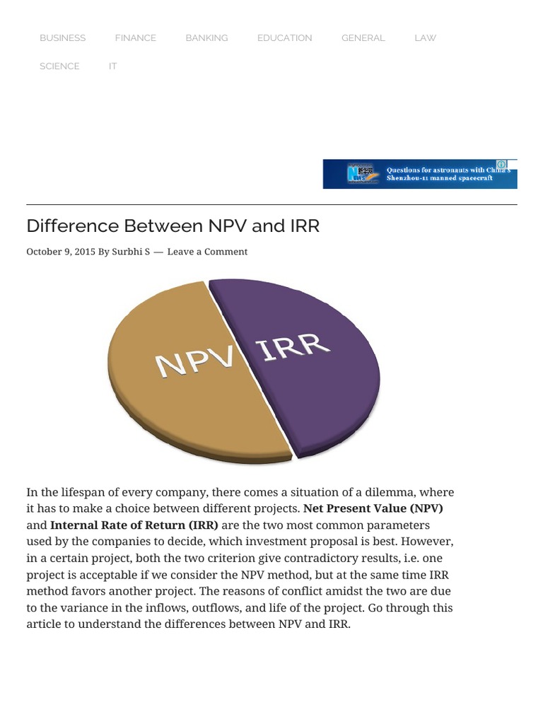 Difference Between NPV and IRR (With Comparison Chart) - Key Differences |  PDF | Net Present Value | Internal Rate Of Return