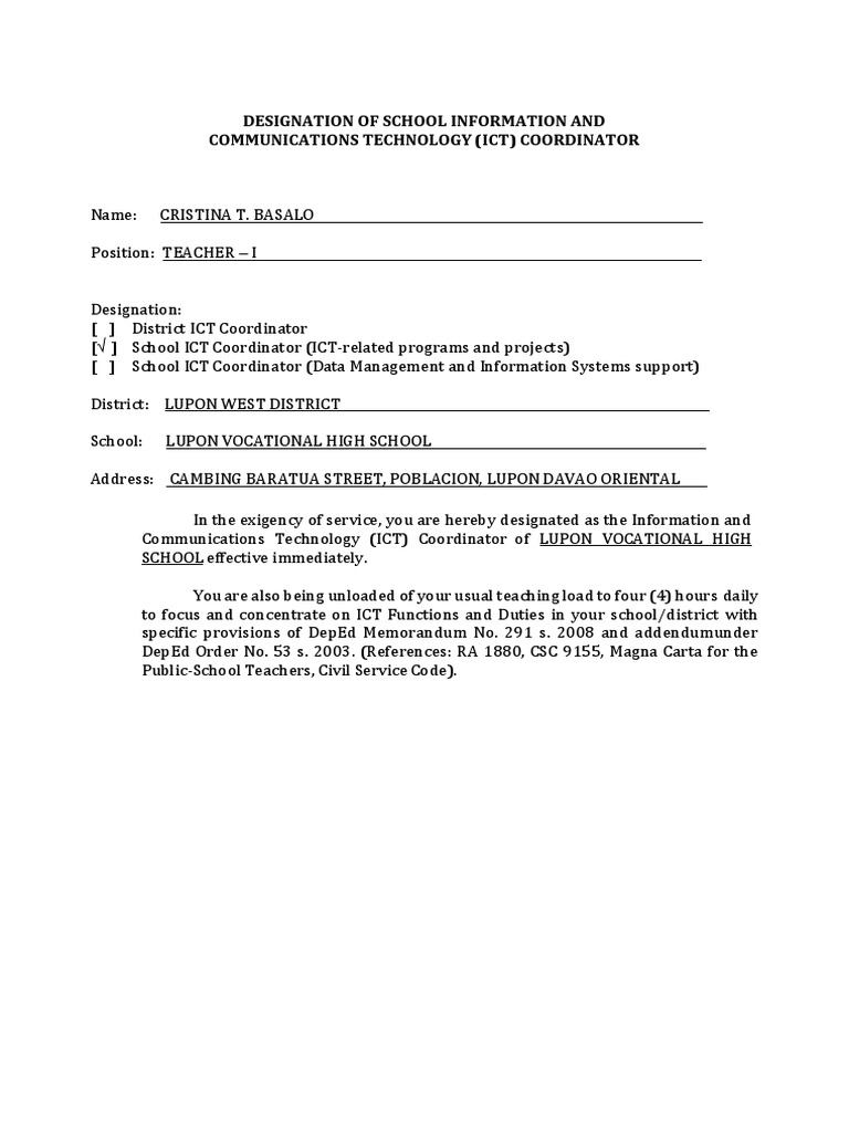 Designation of ICT Coordinator at Lupon School | PDF | Educational ...