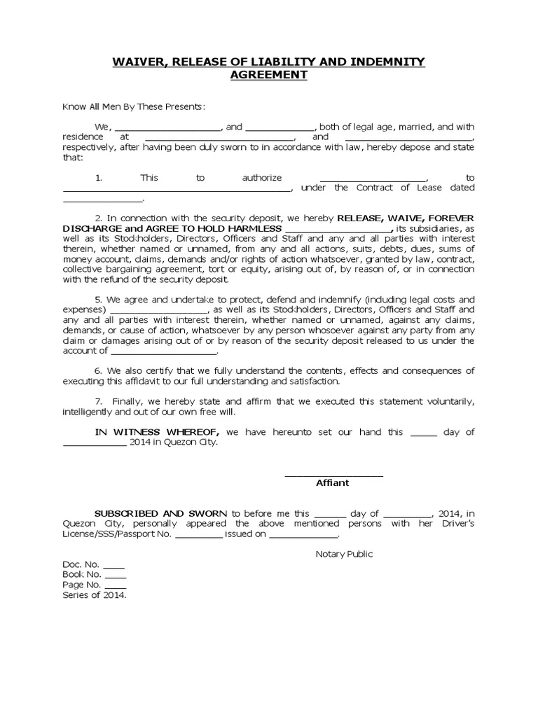 Authorization and Waiver PDF Indemnity Legal Concepts
