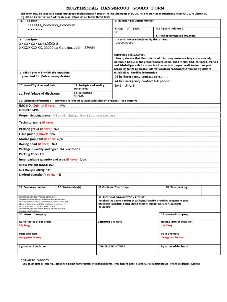 Declaration of Dangerous Goods Shipment Containing Nickel Metal Hydride ...