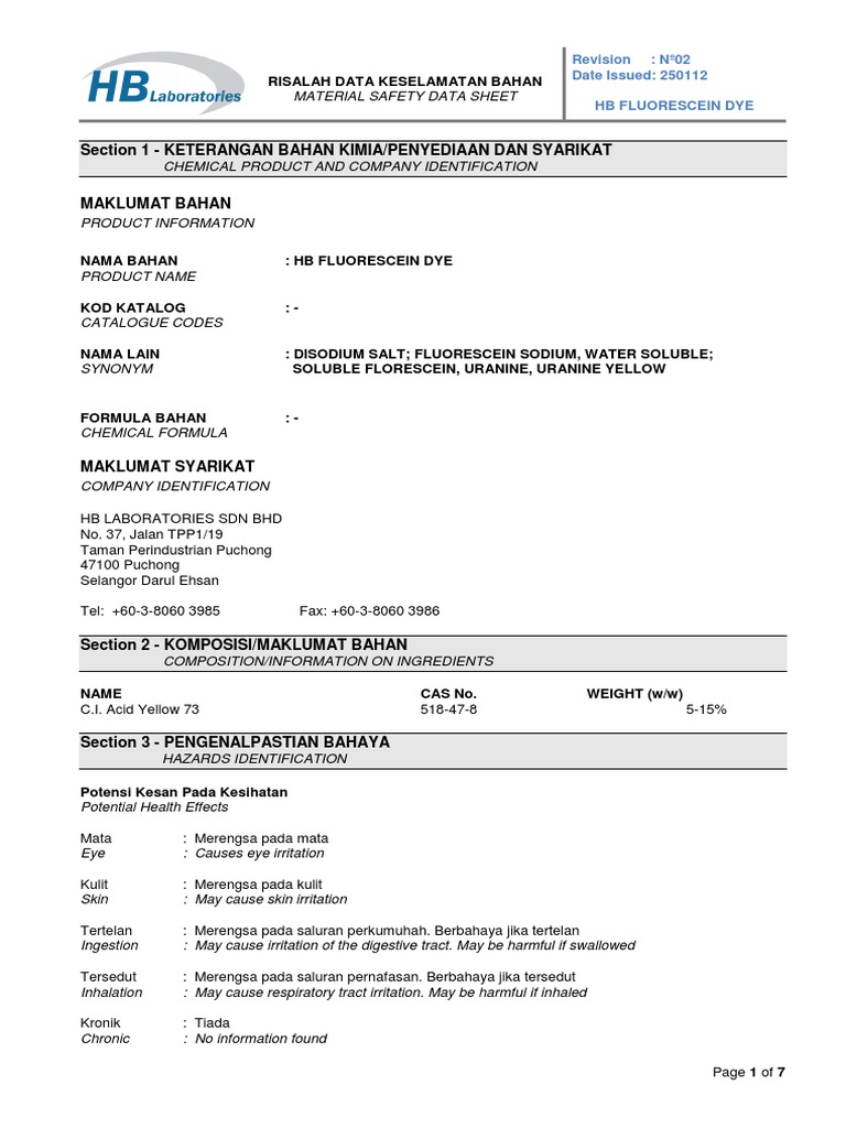 Fluorescein Dye MSDS Highlights Hazards PDF Personal Protective Equipment Toxicity