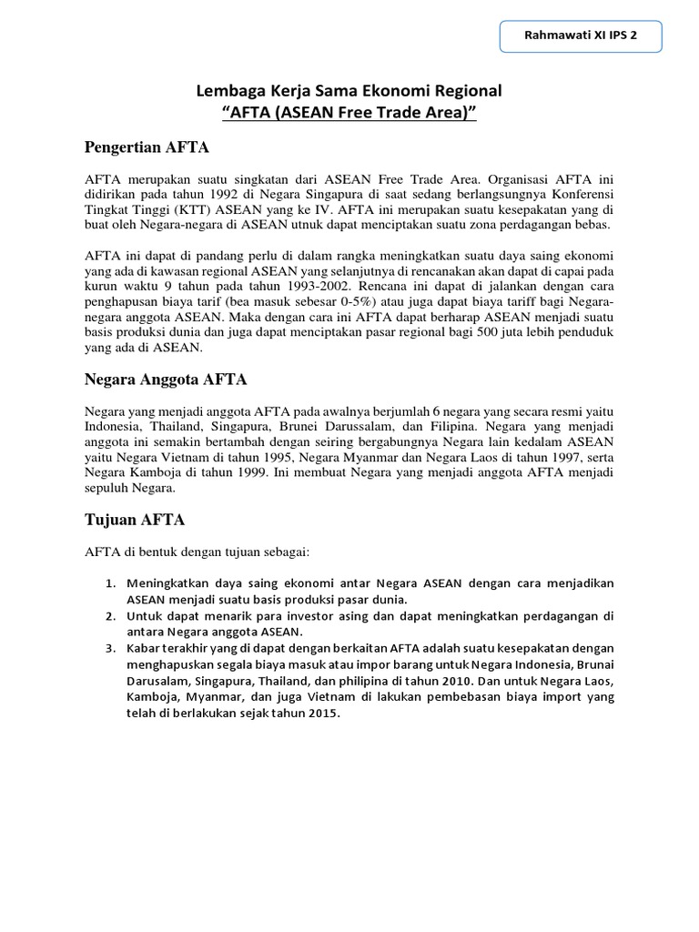 AFTA: Zona Perdagangan Bebas ASEAN | PDF | Bisnis | Pengelolaan ...