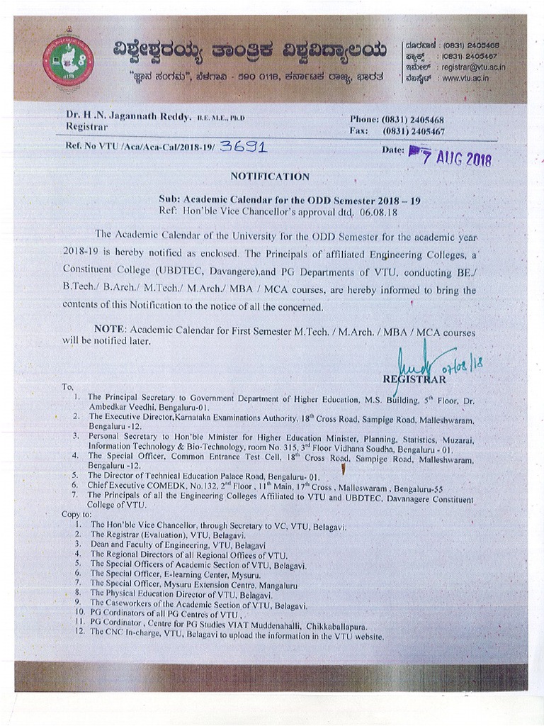 Vtu Academic Calendar 2019 PDF PDF