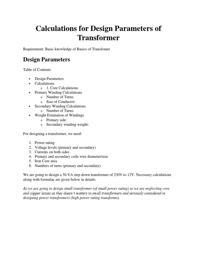 Calculations for Design Parameters of Transformer Transformer