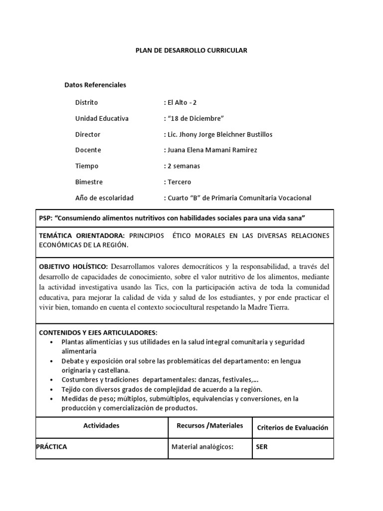 Plan de Desarrollo Curricular 4 de Primaria Comunitaria Vocacional ...