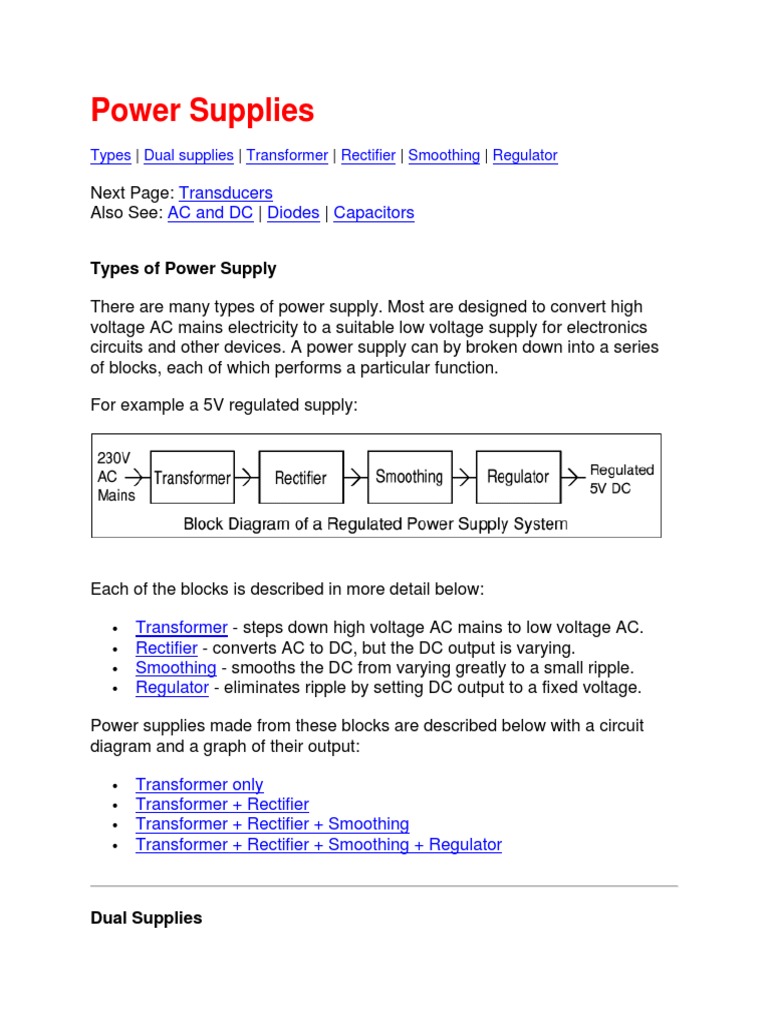 Power Supplies: Transducers AC and DC Diodes Capacitors | PDF ...