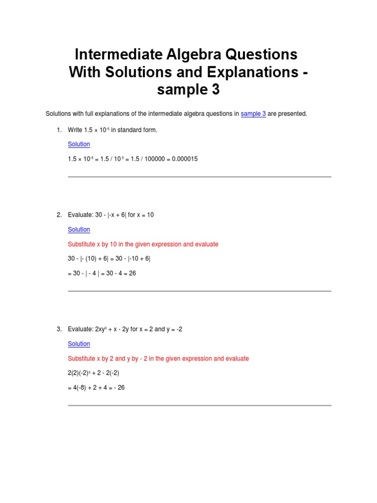 Intermediate Algebra Questions With Solutions | PDF | Slope | Equations