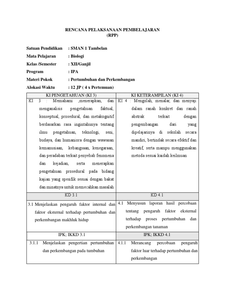 Rpp Pertumbuhan Dan Perkembangan Kelas Xii Pdf